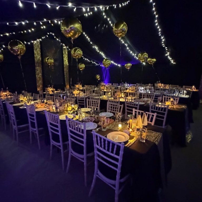  Interior of a themed event marquee in Henley-on-Thames with black blackout linings, twinkling fairy lights.jpg